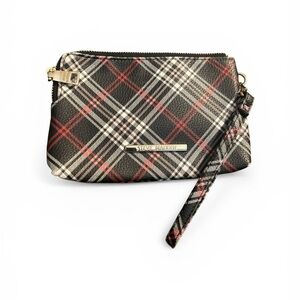 Steve Madden Black Plaid Wristlet Clutch with Red & Cream Accents